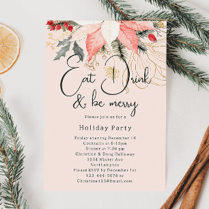 Pink Floral Christmas Eat Drink and Be Merry Party Invitation