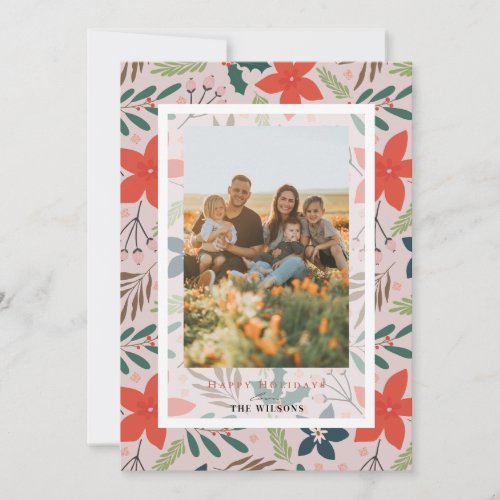 Pink Floral Christmas Holiday Photo Card