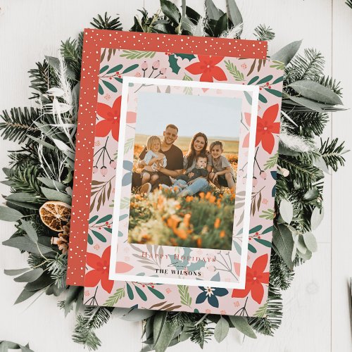 Pink Floral Christmas Holiday Photo Card