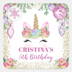 Pink Floral Christmas Unicorn Party Favor Square Sticker