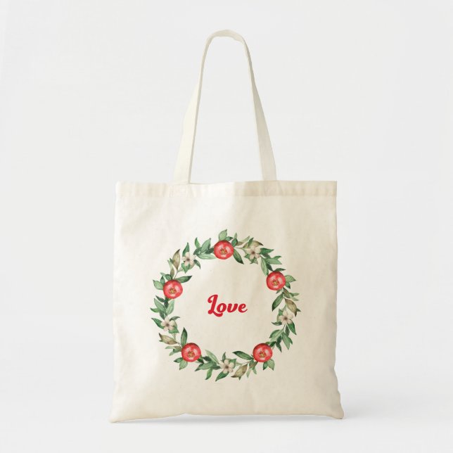 Pink Floral Christmas Wreath Tote Bag | Love (Front)