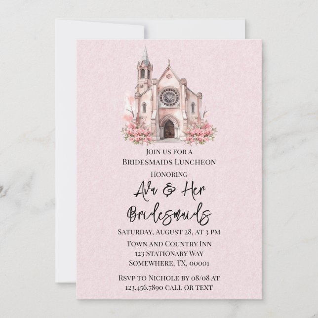Pink Floral Church Bridesmaids Luncheon Invitation (Front)
