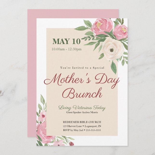 Pink Floral Church Mother's Day Brunch Invitation (Front/Back)