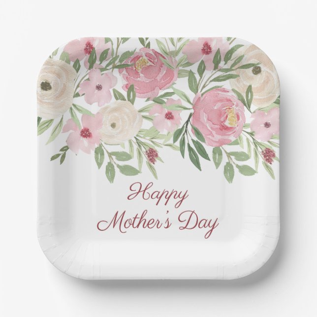 Pink Floral Church Mother's Day Brunch Paper Plates (Front)