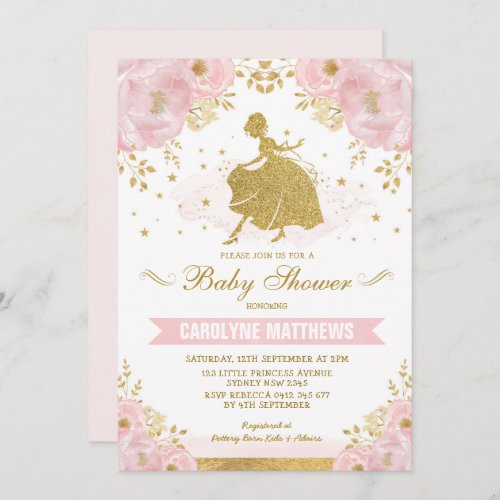 Pink Floral Cinderella Princess Girl Baby Shower Invitation