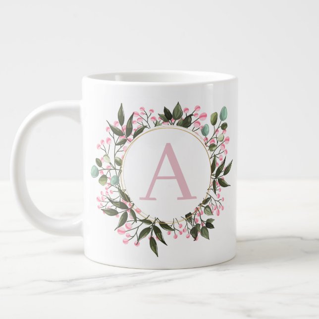 Pink Floral Circle Frame Monogram Editable Initial Giant Coffee Mug (Left)