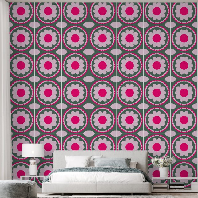 Pink Floral Circle Green Wallpaper (Bedroom)