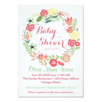 Pink Floral Circle Wreath - 3x5 Baby Shower Invite