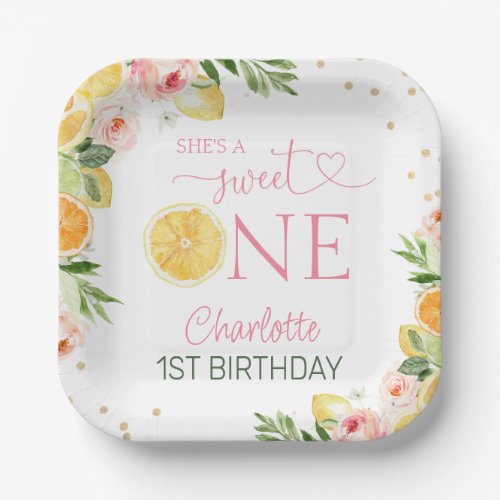 Pink Floral Citrus 1st Birthday Party Paper Plate