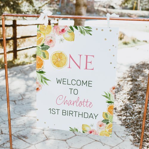 Pink Floral Citrus 1st Birthday Welcome Sign
