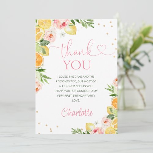 Pink Floral Citrus Birthday Thank You Card