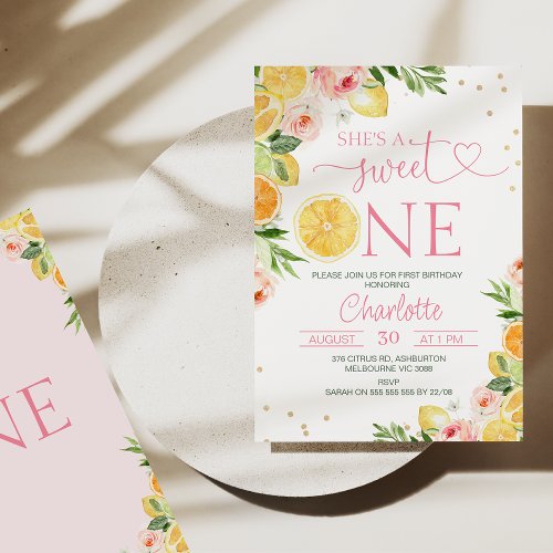 Pink Floral Citrus Shes A Sweet One 1st Birthday Invitation