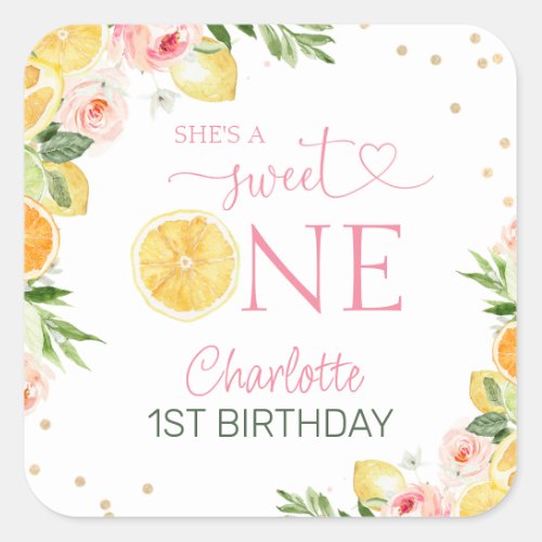 Pink Floral Citrus Sweet One 1st Birthday Party Square Sticker
