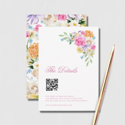 Pink Floral Classy Script QR Code Wedding Details Enclosure Card