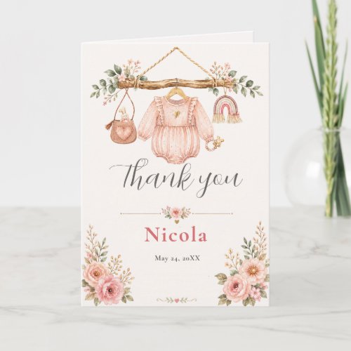 Pink Floral Clothesline Baby Shower Thank You Card