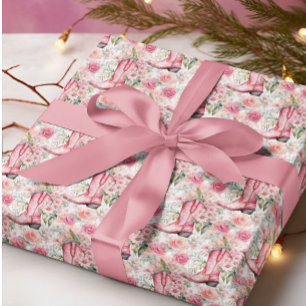 Pink Floral Coastal Cowgirl Western Christmas Wrapping Paper
