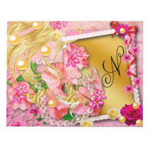 Pink Floral Collage Fairy Gold Bird Monogrammed  Notepad