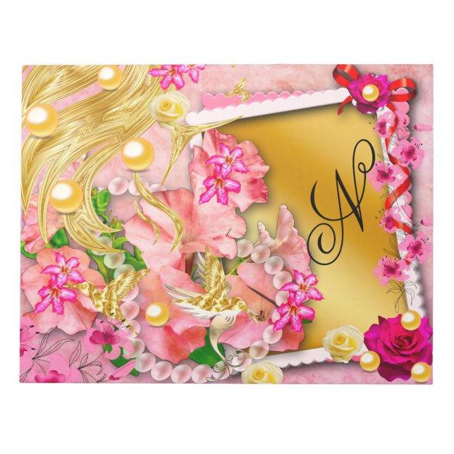 Pink Floral Collage Fairy Gold Bird Monogrammed  Notepad (Front)