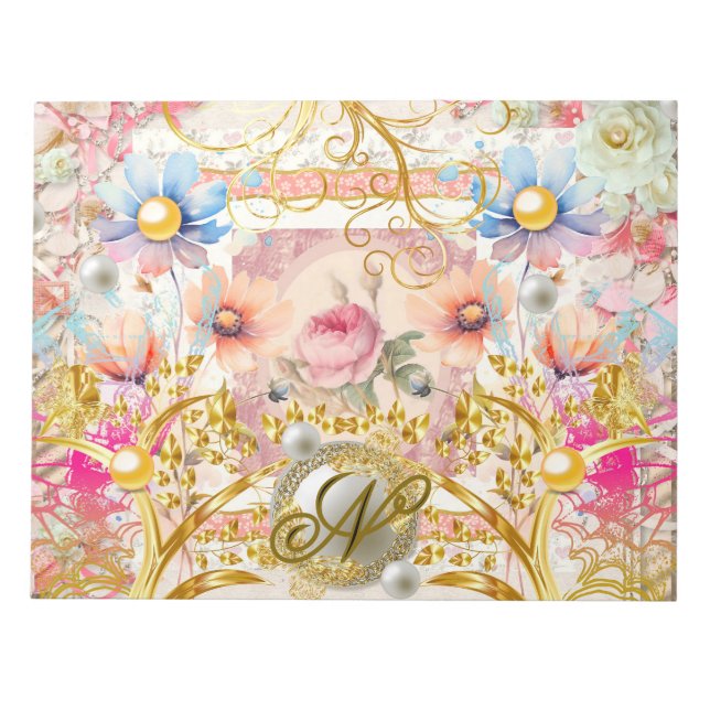 Pink Floral Collage Fairy Gold Bird Monogrammed  Notepad (Front)