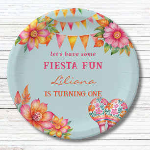 Pink Floral Colorful Blue Fiesta 1st Birthday Paper Plates