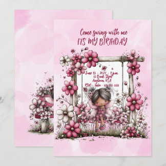 Pink Floral Come Swing With Me Girls Birthday Note Card