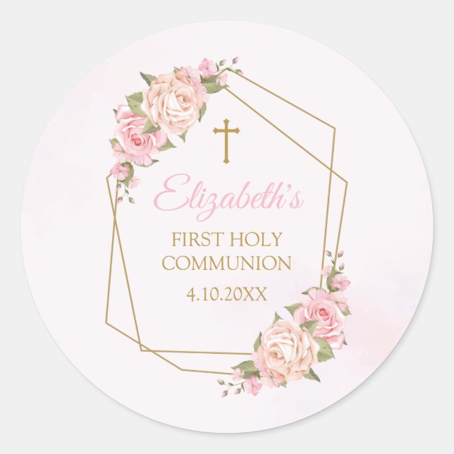 Pink Floral Communion Calcomanía Classic Round Sticker (Front)