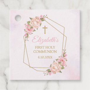 Pink Floral Communion Favor Tags