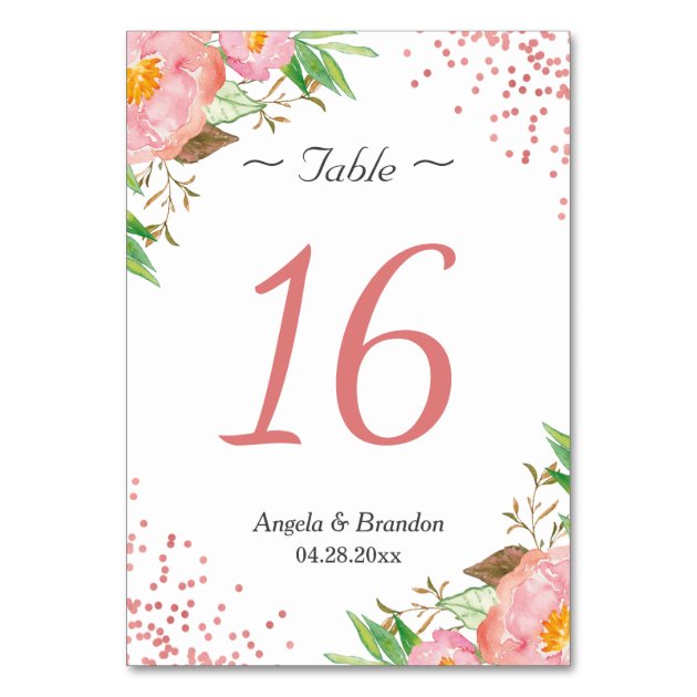 Pink Floral Confetti Dots Wedding Table Number