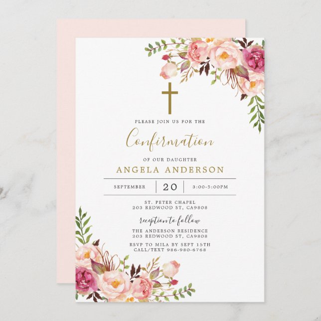 Pink Floral Confirmation Invitation (Front/Back)