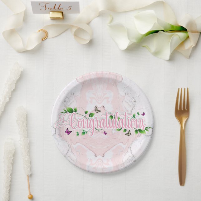Pink Floral Congratulaions text Paper Plate (Wedding)