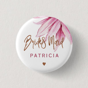 Pink floral copper script bridal shower bridesmaid button