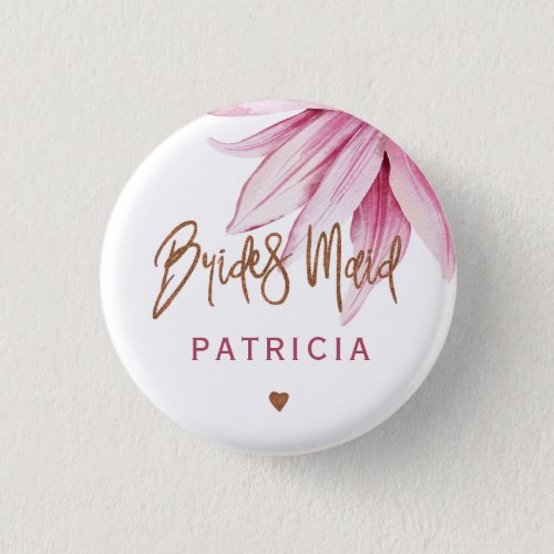 Pink floral copper script bridal shower bridesmaid button