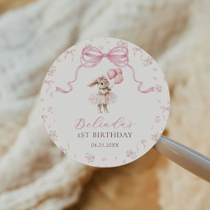 Pink Floral Coquette Bow Bunny 1st Birthday Classic Round Sticker