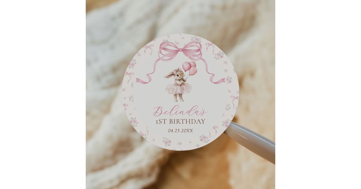1st Sticker Pink Floral Coquette Bow Bunny 1st Birthday Classic Round Sticker | Zazzle