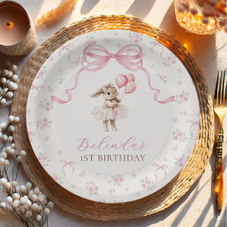 Pink Floral Coquette Bow Bunny 1st Birthday Paper Plates