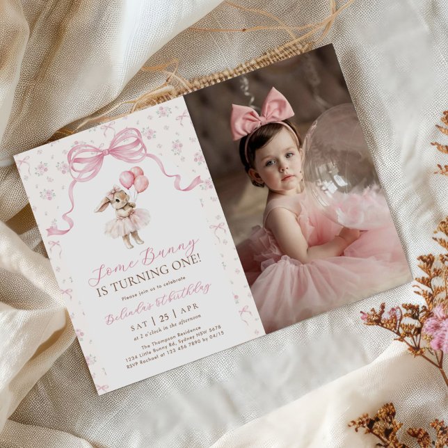 Pink Floral Coquette Bow Bunny 1st Birthday Photo Invitation (Creator Uploaded)