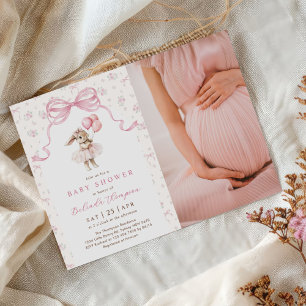 Pink Floral Coquette Bow Bunny Baby Shower Photo Invitation
