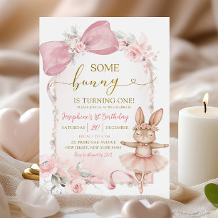 Pink Floral Coquette Bow bunny first birthday Invitation