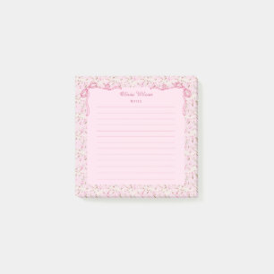 Pink Floral Coquette Bow Custom Name Post-it Notes