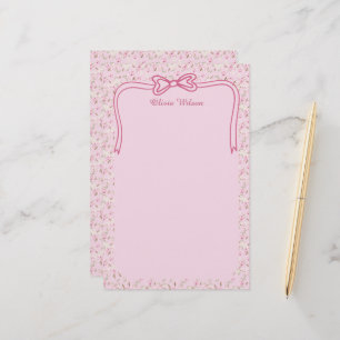 Pink Floral Coquette Bow Custom Name Stationery