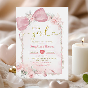 Pink Floral Coquette Bow Its a Girl Baby Shower Invitation