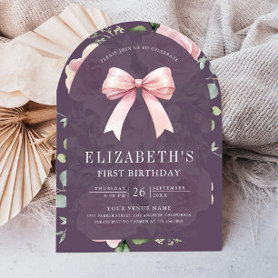 Pink Floral Coquette Bow Purple First Birthday Invitation