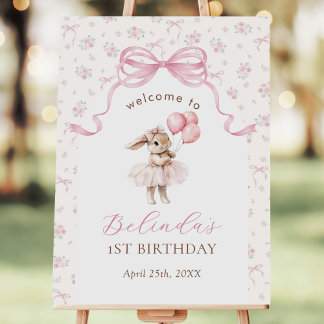 Pink Floral Coquette Bunny 1st Birthday Welcome Foam Board