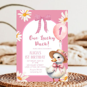 Pink Floral Coquette One Lucky Duck Birthday Invitation