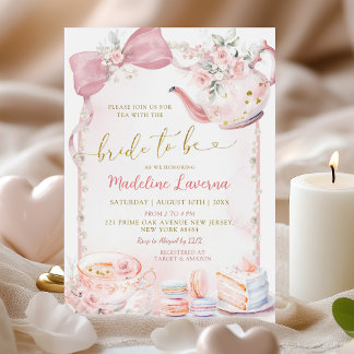 Pink Floral Coquette Pearl Bridal Shower Tea Party Invitation