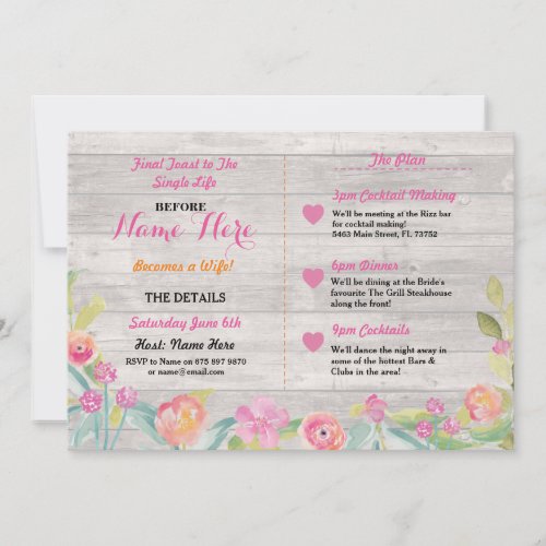 Pink Floral Coral Bridal Shower Itinerary Invite