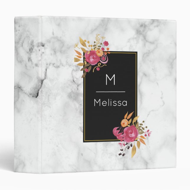 Pink Floral Corner Bouquet on Black Frame Monogra Binder (Front/Spine)