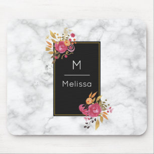 Pink Floral Corner Bouquets on Black Frame Custom Mouse Pad