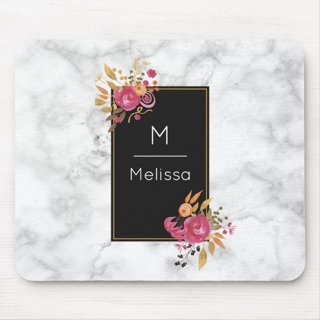 Pink Floral Corner Bouquets on Black Frame Custom Mouse Pad (Front)