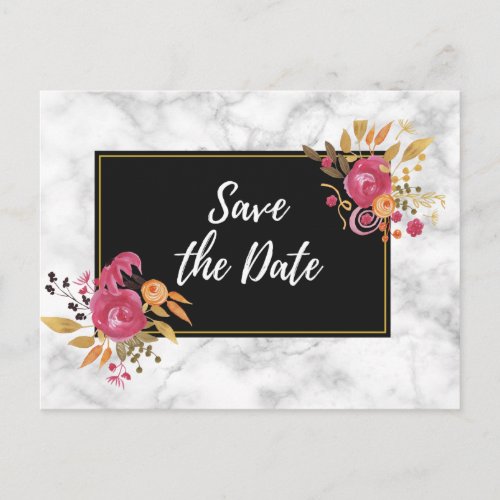 Pink Floral Corner Bouquets on Black Save The Date Announcement Postcard